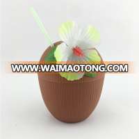 Plastic Coconut Shape Cup With Flower and Drinking Straw coconut cup